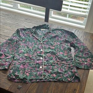 Roller Rabbit Green Floral Shirt with Pink Print and Cream Piping